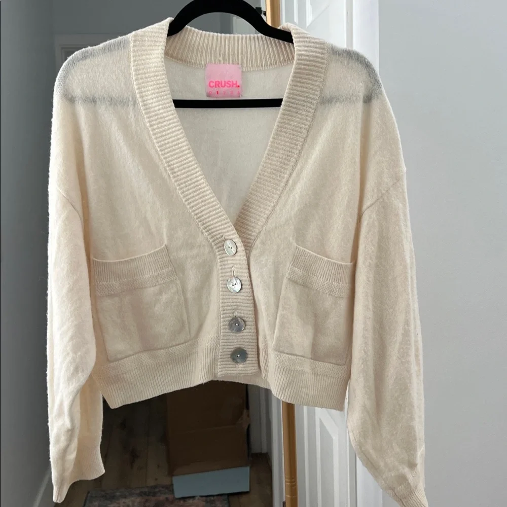 CRUSH Collection Acai Cashmere V Neck Button Down Relaxed Cardigan White Cream S - Picture 6 of 11